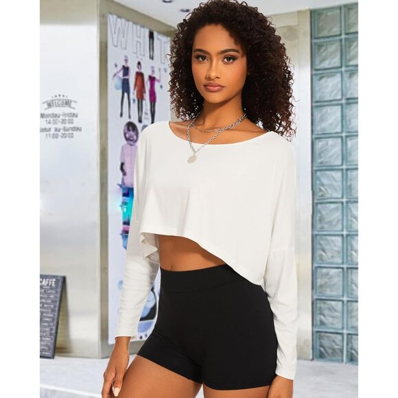 Women Crop Top Long Sleeve Off Shoulder Casual Workout Party Loft - Picture 2 of 5